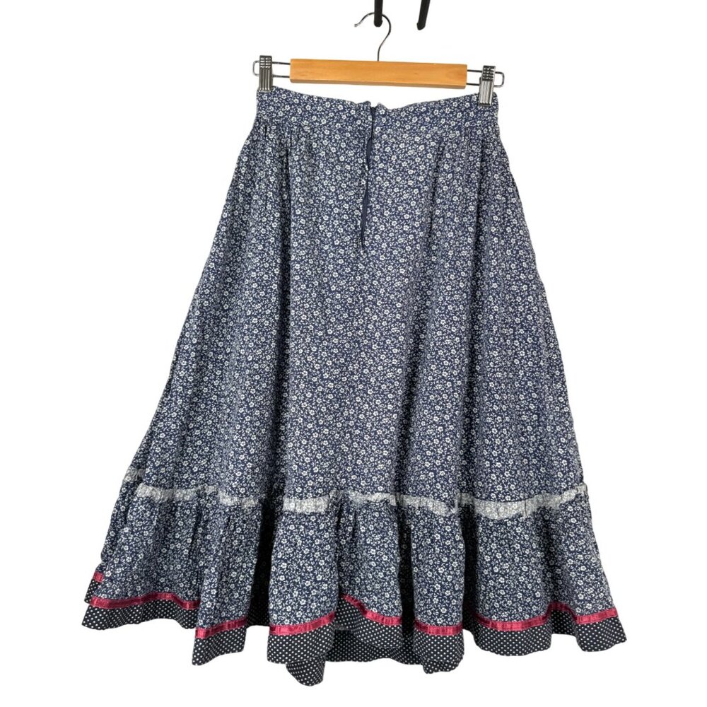 VTG Jessica's Gunnies Gunne Sax skirt floral velour trim navy red sz 9 - Picture 3 of 9